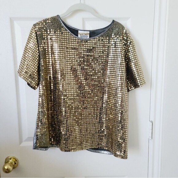 Vintage Trimmings Golden Shimmer Disco Sparkle Mirror Short Sleeve Blous… - Picture 2 of 12